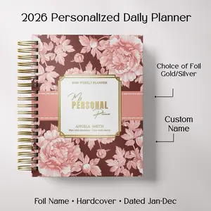 Personalized 2026 Floral Planner, Burned Sienna, Hardcover Weekly Monthly Luxury Planner for Women, Custom Gold or Silver Foil