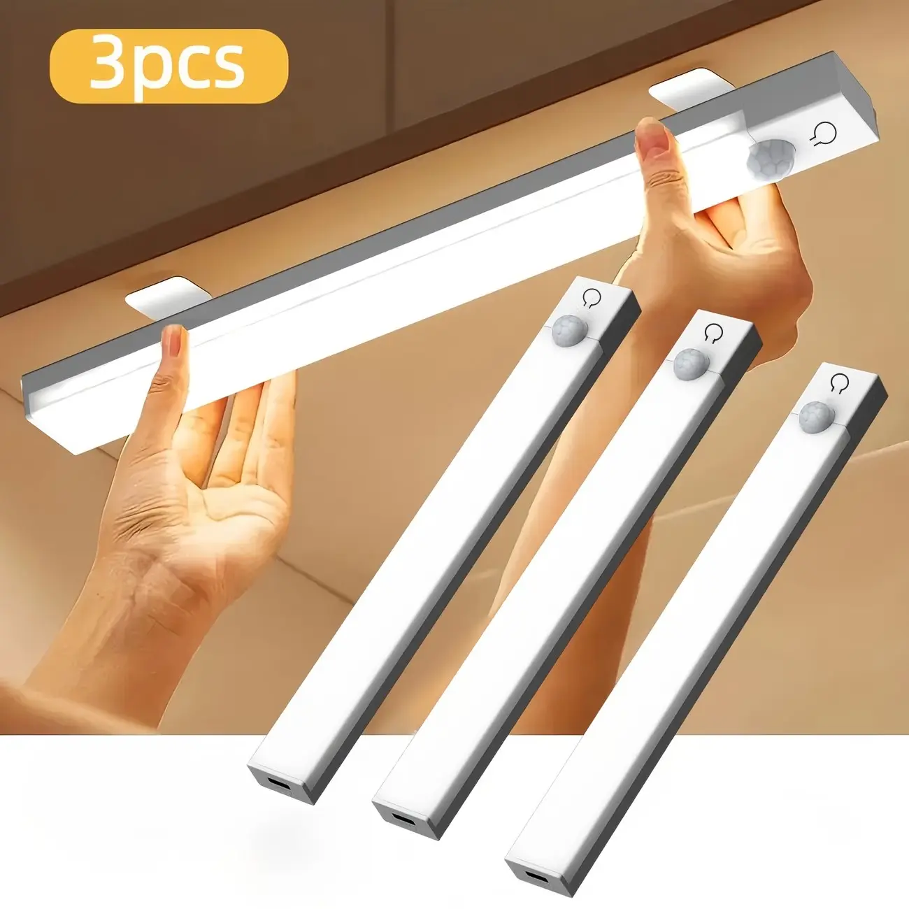 3-Pack Motion Sensor Night Light, USB Rechargeable LED Cabinet Lights, Magnetic Stick-On, Auto On/Off, Wireless Motion Activated Light for Closet, Stairs, Kitchen, Bedroom, Hallway, Bathroom, Dusk to Dawn