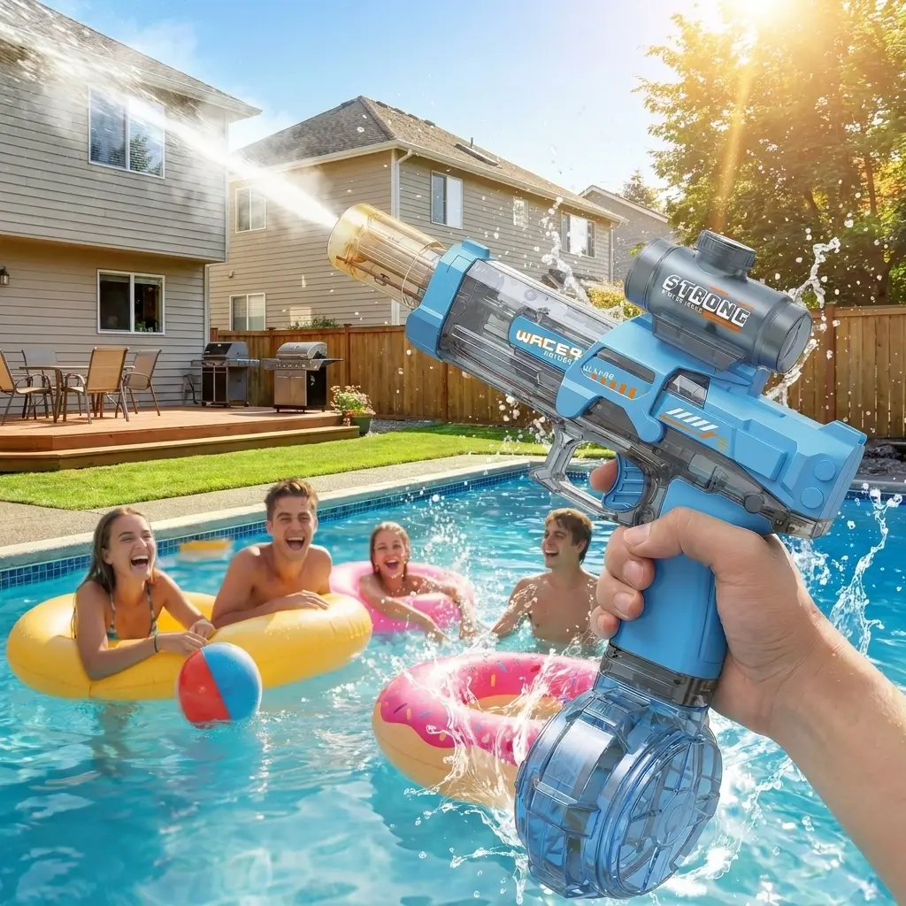 Electric Water Spray Toy for Kids and Adults, Transparent Rechargeable Squirt Toy with Light-Up Effects and Spray Sound, Long-Range Outdoor Pool Beach Backyard Party Toy for Boys and Girls