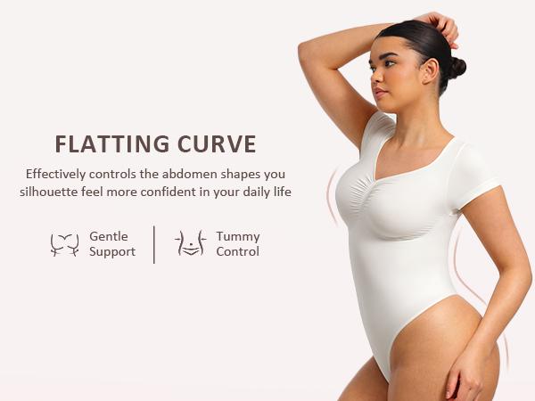 FeelinGirl Women's Short Sleeve Bodysuit for Tummy Control V Neck Seamless Body Suits Thong Going Out Tops Springtok Shapewear Womenswear Compression Elegant Fitted