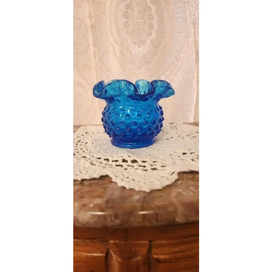 Vintage Fenton Art Glass Colonial Blue Hobnail Texture Ruffled Rim Small Vase, Approximately 3" (3 Inches Tall) Small Size Mid-Century Home Decor Rose Bowl