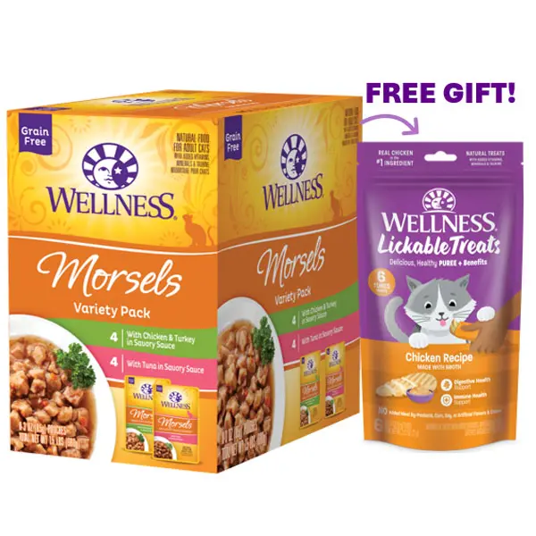 Wellness Healthy Indulgence Morsels Variety Pack Adult Wet Cat Food, Natural, Protein Rich, Grain Free, 2 Flavors, 3 oz, Pack of 8 Pouches