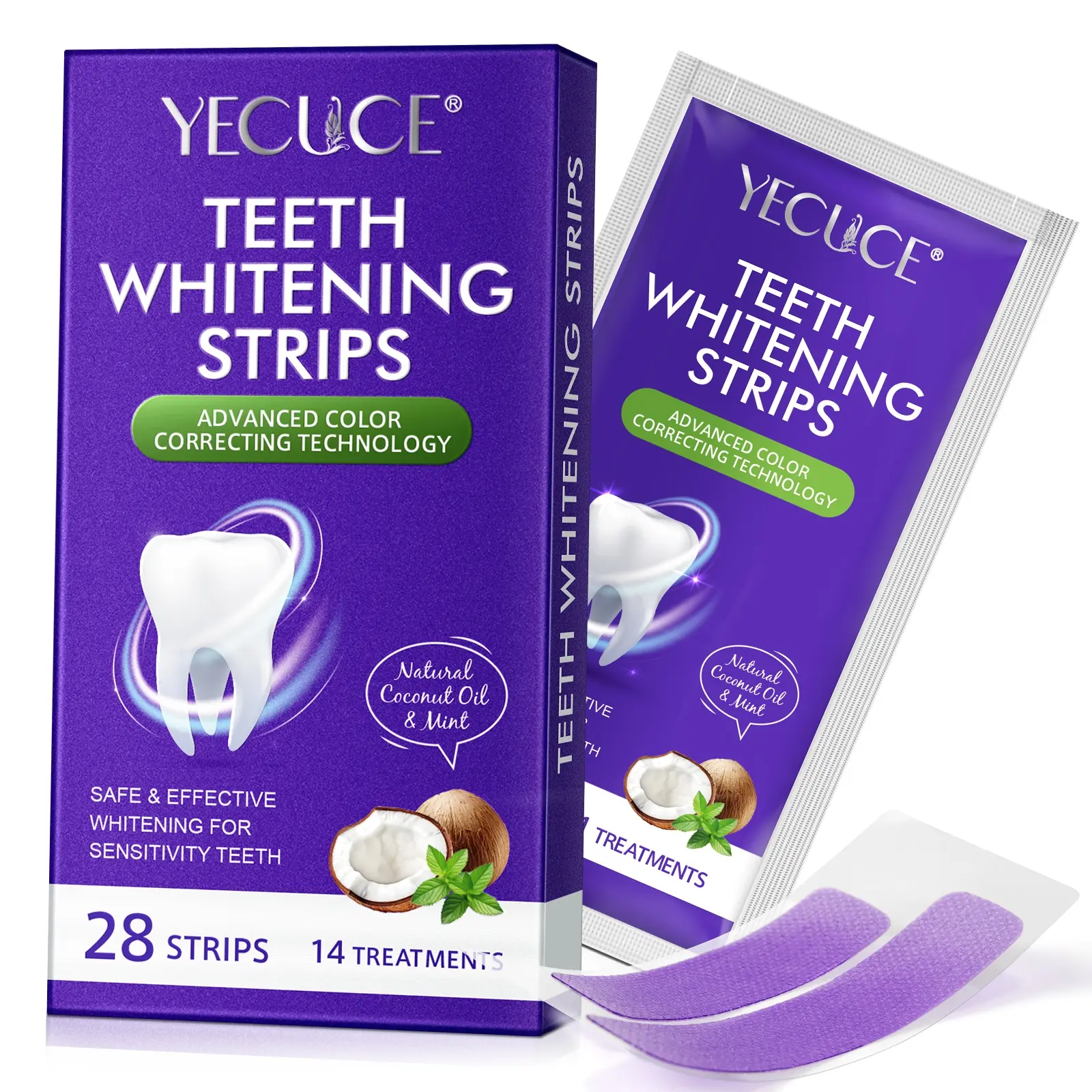 YECUCE Teeth Whitening Strips, Teeth Brightener Strips, Teeth Whitener, Teeth Brightening Strips 14 Pack with Natural Coconut Oil and Mint, Advanced Color Correction for Tones, Reduce Tooth Sensitivity
