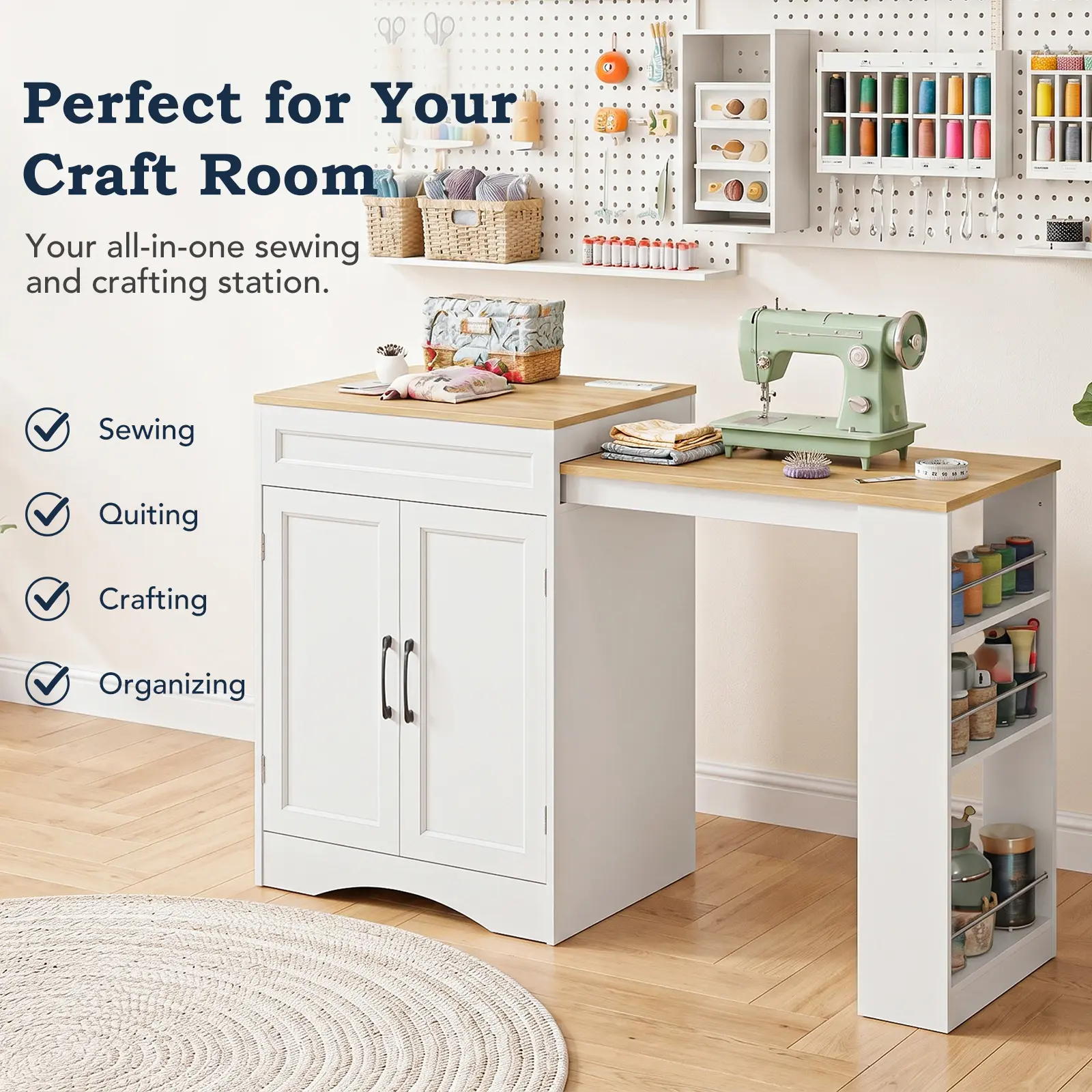 Extendable Sewing Craft Table with Power Outlet, Nesting Storage Cabinet with 3-Tier Side Shelves & Pull-Out Pet Feeder for Small Spaces