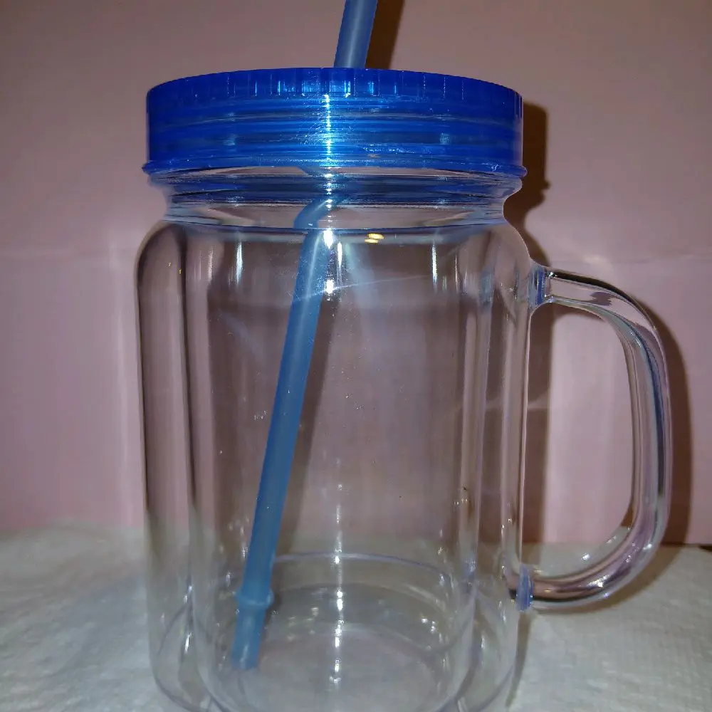Mason Jar 16oz Clear with Blue Lid and Straw Perfect for Beverages and Smoothies