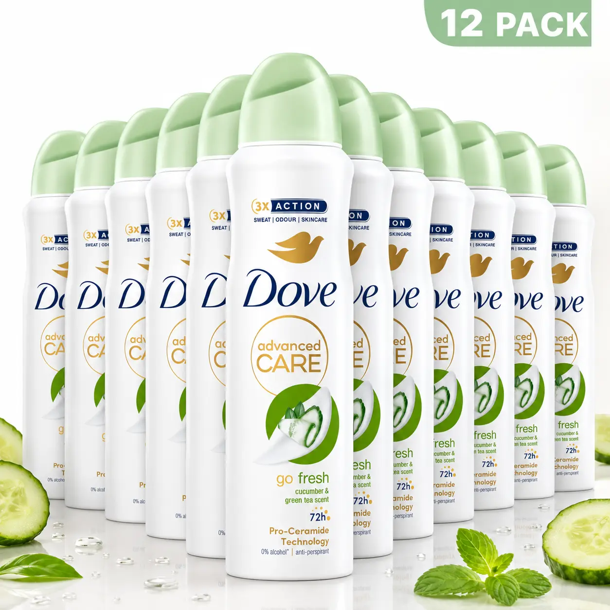 Dove Women's Advanced Care Deodorant Cucumber & Green Tea 12 Pack Bulk - 72HR Odor Protection with Pro-Ceramide for Sensitive Skin 5oz (150ml),Refreshing Cucumber & Green Tea Scent,  Body Care Products, Refreshing Deodorants Daily Cleanser Cosmetic
