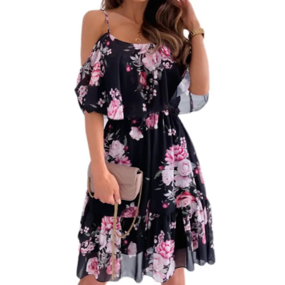 Women's Cold Shoulder Ruffle Chiffon Beach Dress Spaghetti Strap Boho Style Floral Pattern Summer Beachwear Feminine Casual Blue XS-S-M Polyester Womenswear - Asian