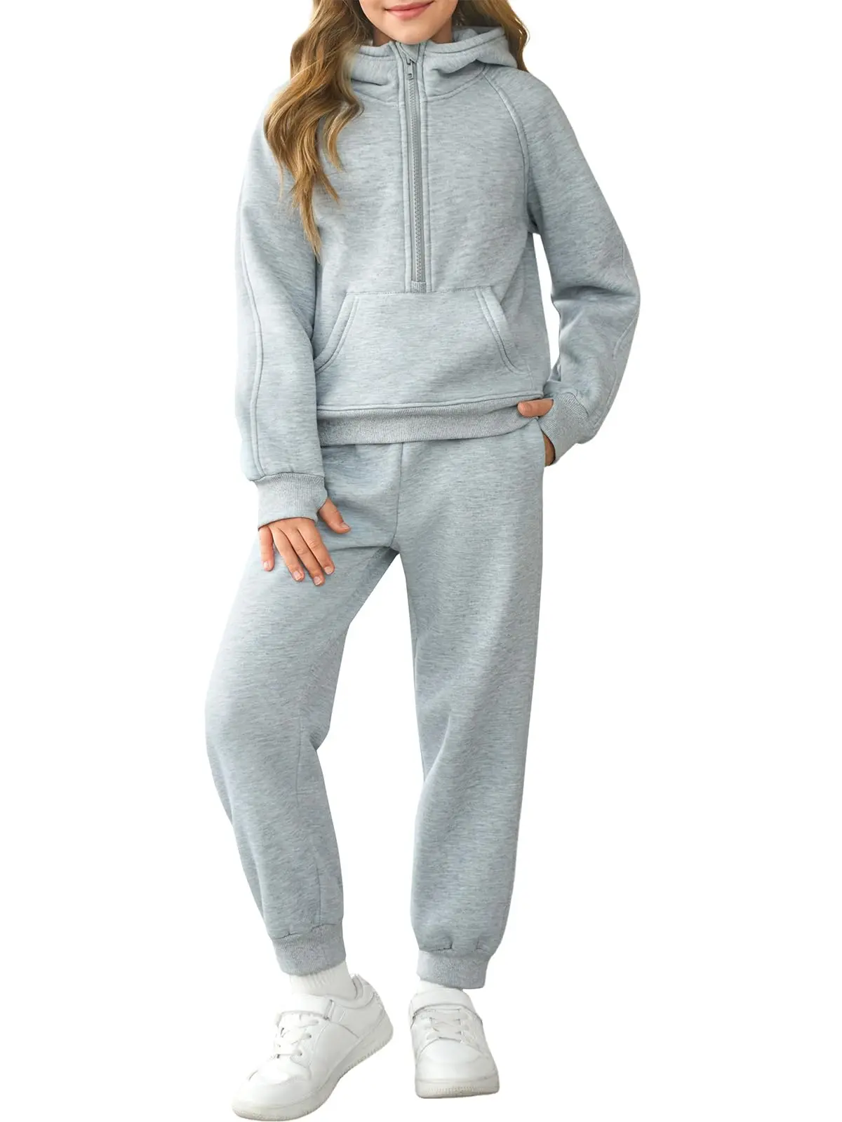 Girls 2 Piece Outfits Sweatsuit Kids Fleece Half Zip Hoodies Sweatshirt and Sweatpants Set with Pockets