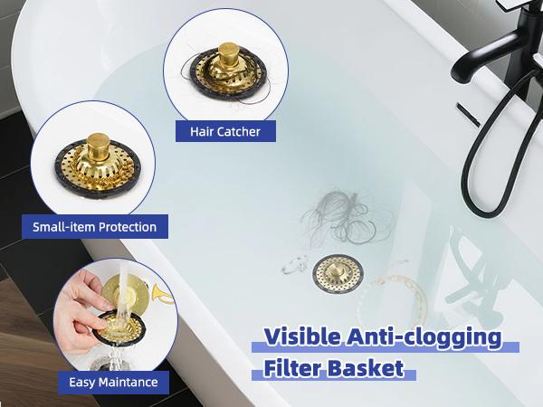Universal Bathtub Drain Stopper Shower Drain Hair Catcher, Tub Stopper with Visible Top Strainer, Upgraded 3 in 1 Pop-up Drain Plug Fit for 1.5 to 2.4" Hole, Stainless Filter Basket, Brushed Gold