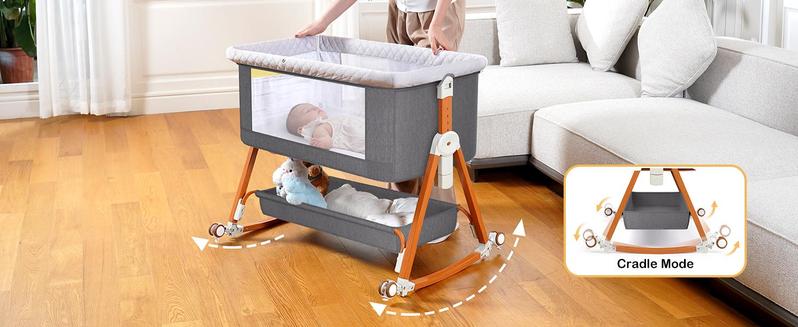 Baby Bassinet Crib Sleeper, 6 Height Adjustable Cribs, Easy to Fold Portable Crib Side Bassinet, Swing Cradle Bed Side Sleeper with Ventilated Net&Wheels