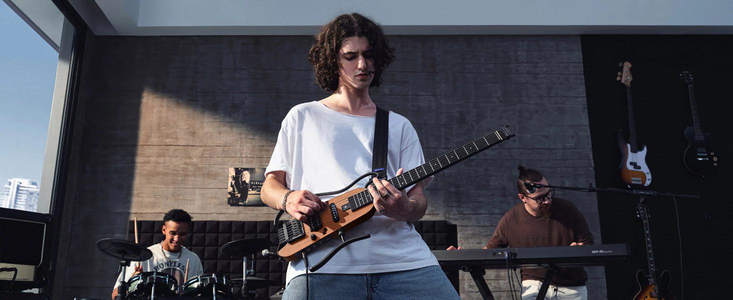 Donner HUSH-X Electric Guitar Kit - Featherlight Headless Guitar, Great for Travel and Practice, Mahogany Solid Body with Easy Assemble Stands, Gig Bag, All Accessories, Natural