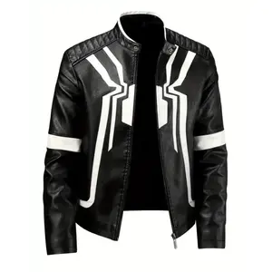 Men'S Color-Blocked Spider Pattern Stylish Faux PU Jacket with Multiple Pockets, Featuring a Trendy Style Classic Pilot Motorcycle Design.
