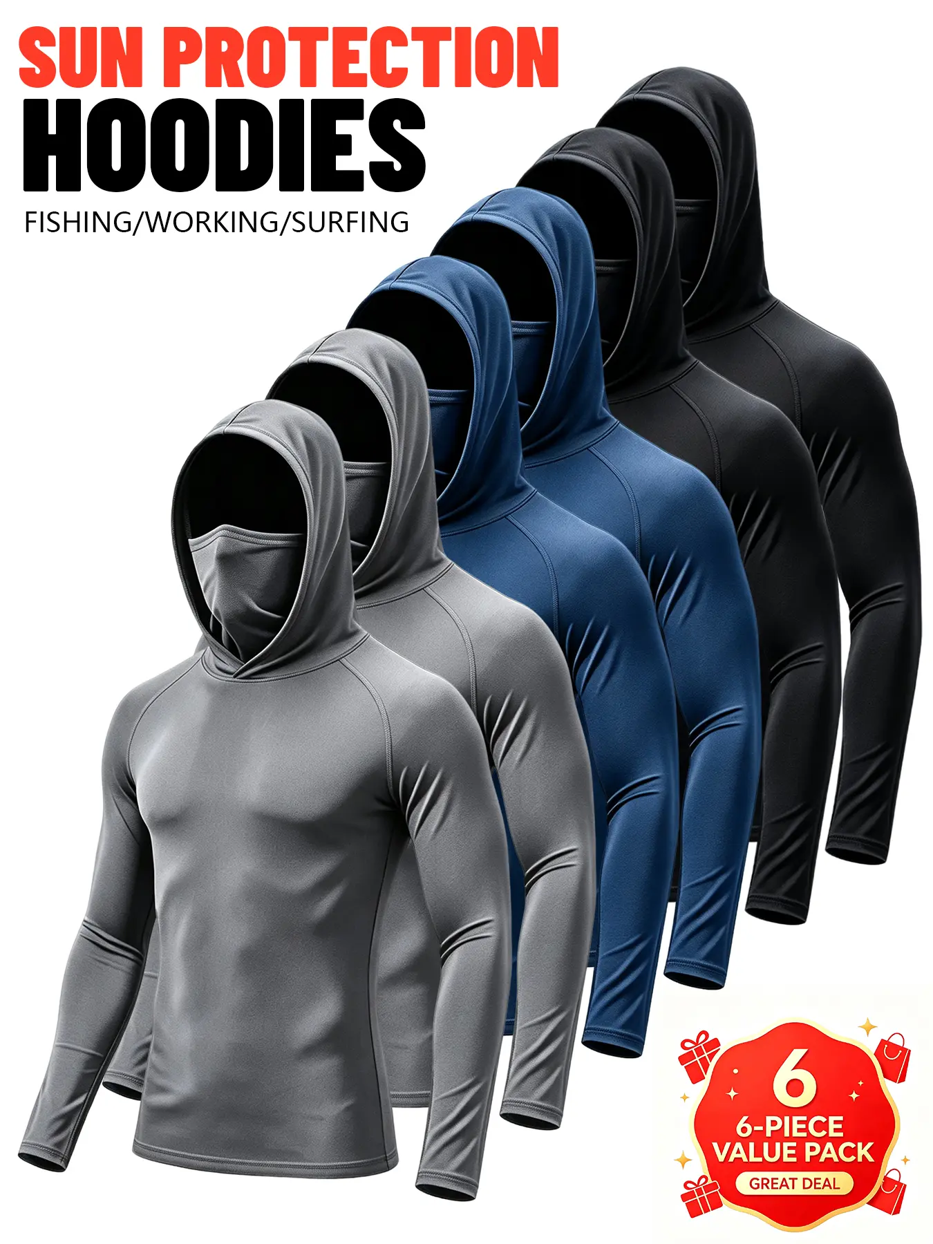 6/3-Piece Men's Casual Hoodie Pullovers with Built-in Face Mask for Fishing Cycling Gym Workout, Blue Black Gray Slim Fit Long Sleeve, Lightweight UPF Sun Protection, Soft Breathable, Versatile Machine Washable Multi-Occasion Stylish Menswear Tops Set,soh
