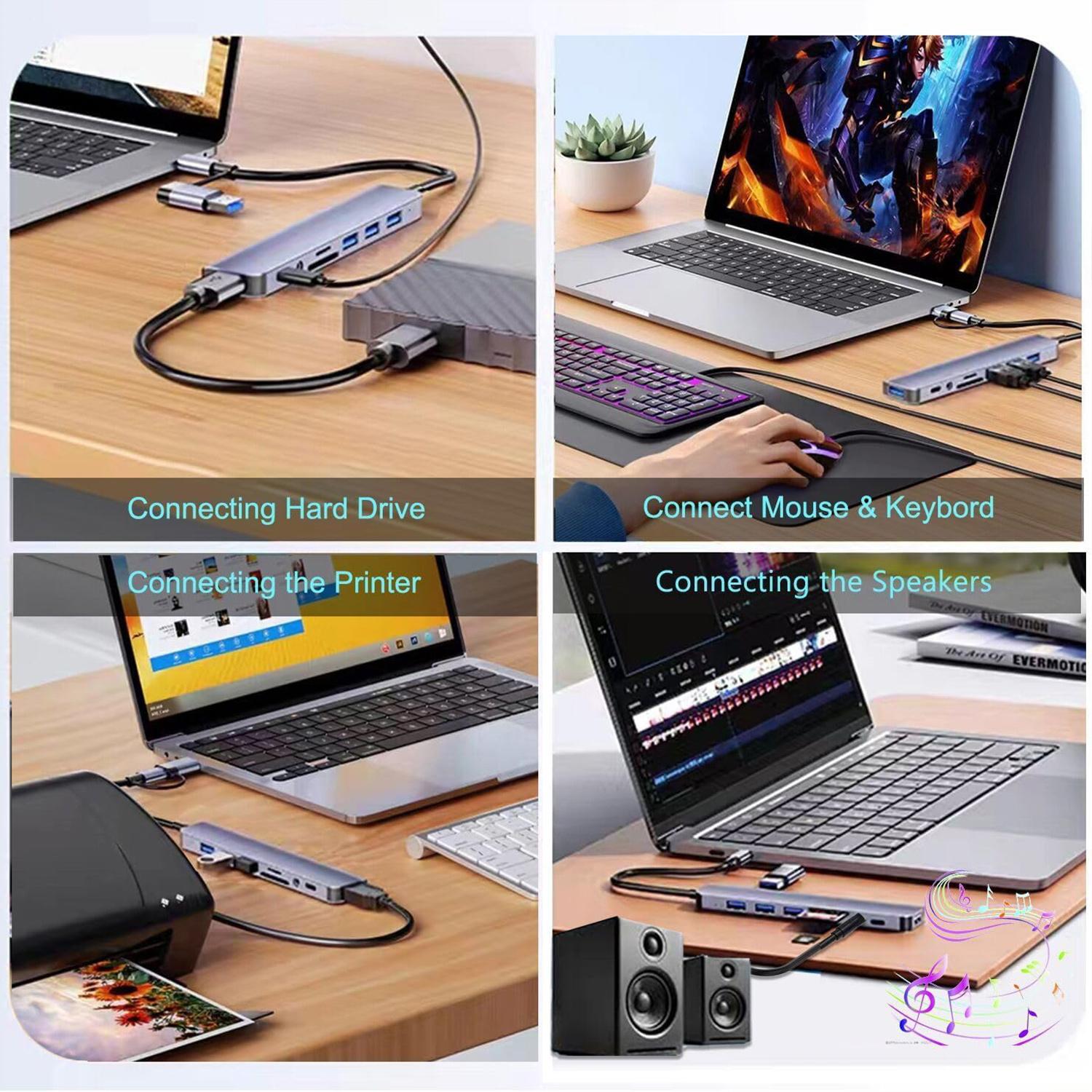 USB C Hub USB Hub 3.0, Aluminum 8 in 1 USB Extender with SD/TF Card Reader, 3.5mm Aux Headphone Jack for MacBook Pro Air and More PC/Laptop/Tablet Devices
