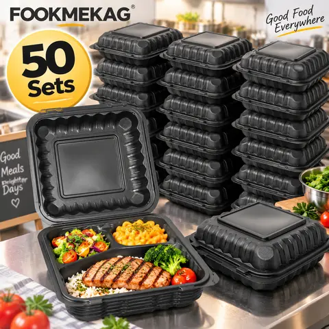 50-Pack Reusable 3-Compartment Microwave Safe Plastic Food Storage Lunch Boxes with Leakproof Flip-Top Lids, Portable Stackable Heat-Resistant Meal Prep Containers, Dishwasher Safe, Ideal for Picnic Lunch, Camping, Perfect for Halloween gatherings