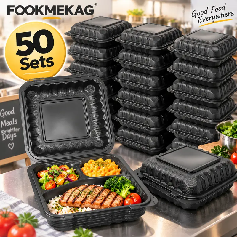 50-Pack Reusable 3-Compartment Microwave Safe Plastic Food Storage Lunch Boxes with Leakproof Flip-Top Lids, Portable Stackable Heat-Resistant Meal Prep Containers, Dishwasher Safe, Ideal for Picnic Lunch, Camping, Perfect for Halloween gatherings