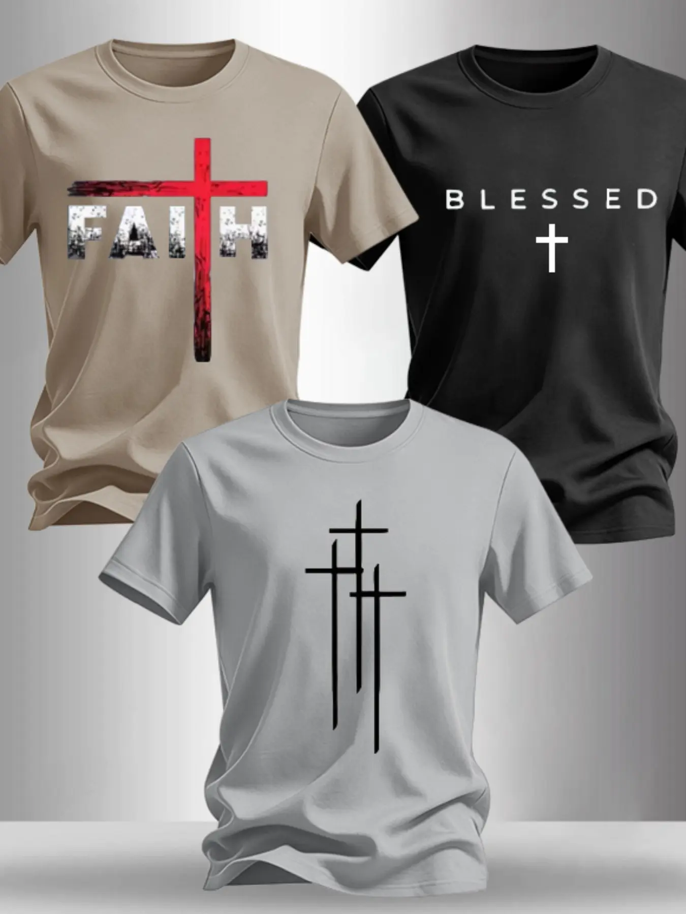 Men's 3-Pack Classic Cross Print Round Neck Short Sleeves T-Shirts, Religious Graphic Tees, Casual Style Tee, Casual Christian Streetwear for Daily Wear