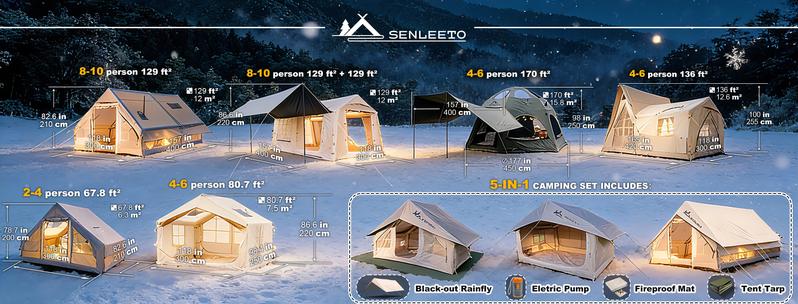 SENLEETO Luxury 129 sq ft Inflatable Camping Tent for 8-10 People Waterproof Blow-Up House with Rainfly Insulated Tents
