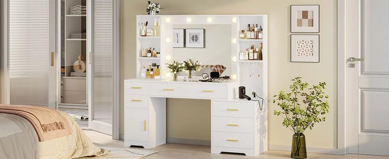 48.8 Inches LED Large Makeup Vanity with HD Mirror Smart LED Lights Charging Station 6 Drawers 4 Shelves Modern White MDF Board Storage for Beauty Lovers