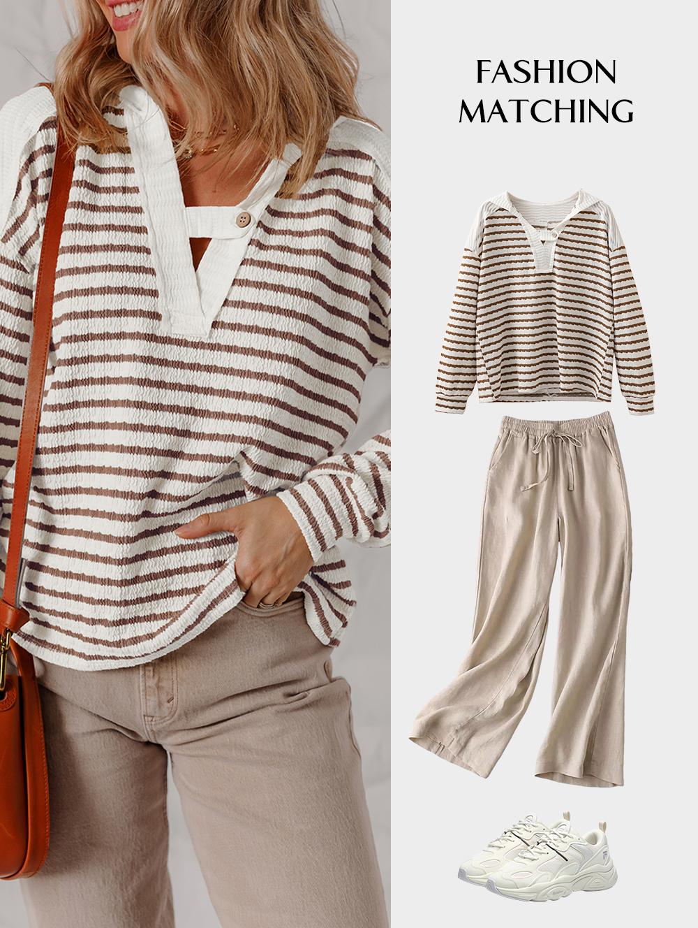 Asvivid Women's Striped Hooded V Neck Casual Long Sleeve Tops - Comfy & Stylish Everyday Wear - Spring Fall Pullover Top with Buttoned Strap Detail Asvivid Women's Striped Hooded V Neck Casual Long Sleeve Tops - Comfy & Stylish Everyday Wear - Spring Fall Pullover Top with Buttoned Strap Detail