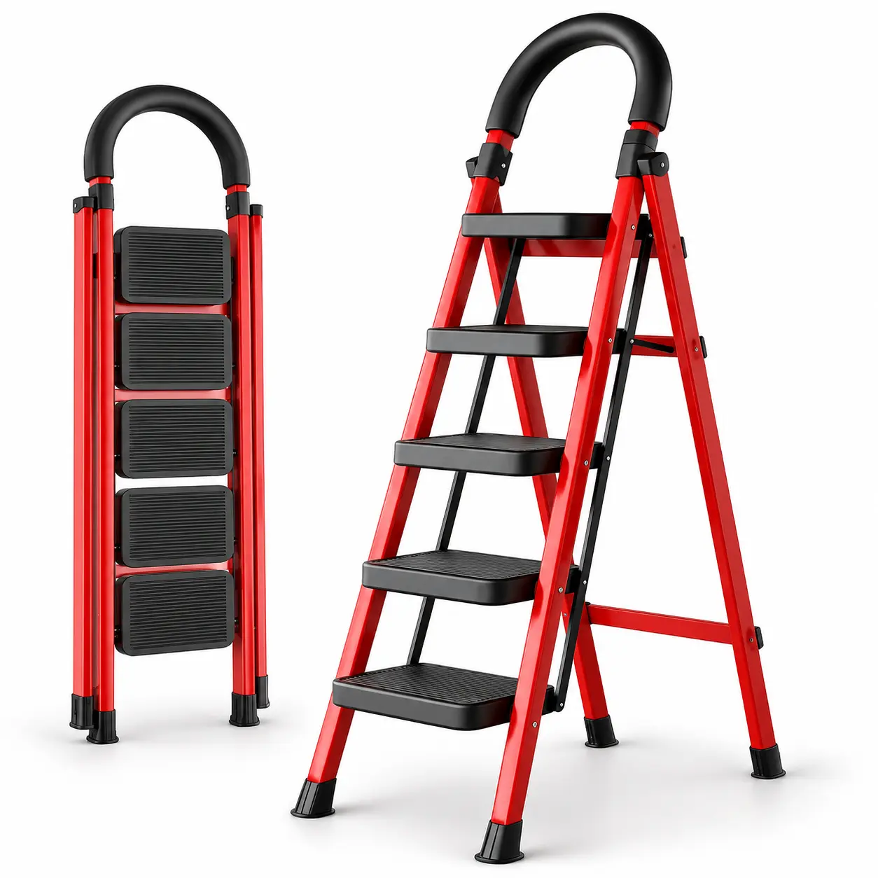 500 lb Capacity Folding Step Ladder with Handrails – Heavy-Duty Metal Step Stool with Wide Anti-Slip Treads, Safety Lock & Foldable Design for Home, Kitchen, Garage & Office