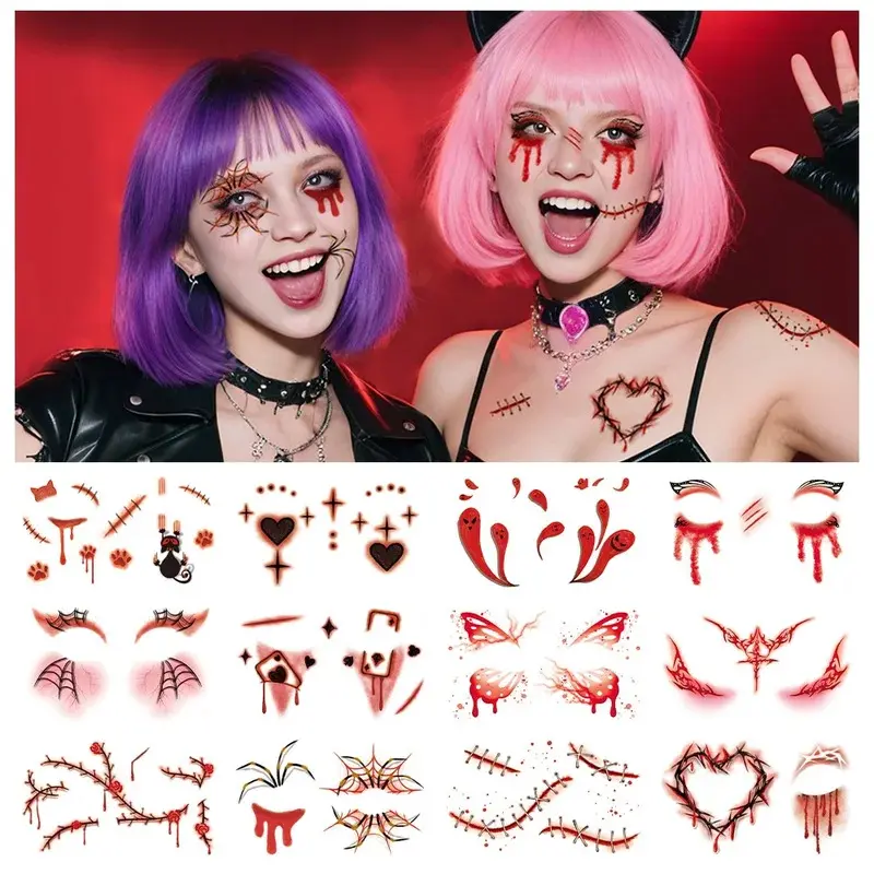 12 Sheets Halloween Party Waterproof Temporary Tattoos Stickers For Women 3D Reality Vampire Blood Scar Design Tattoo Stickers