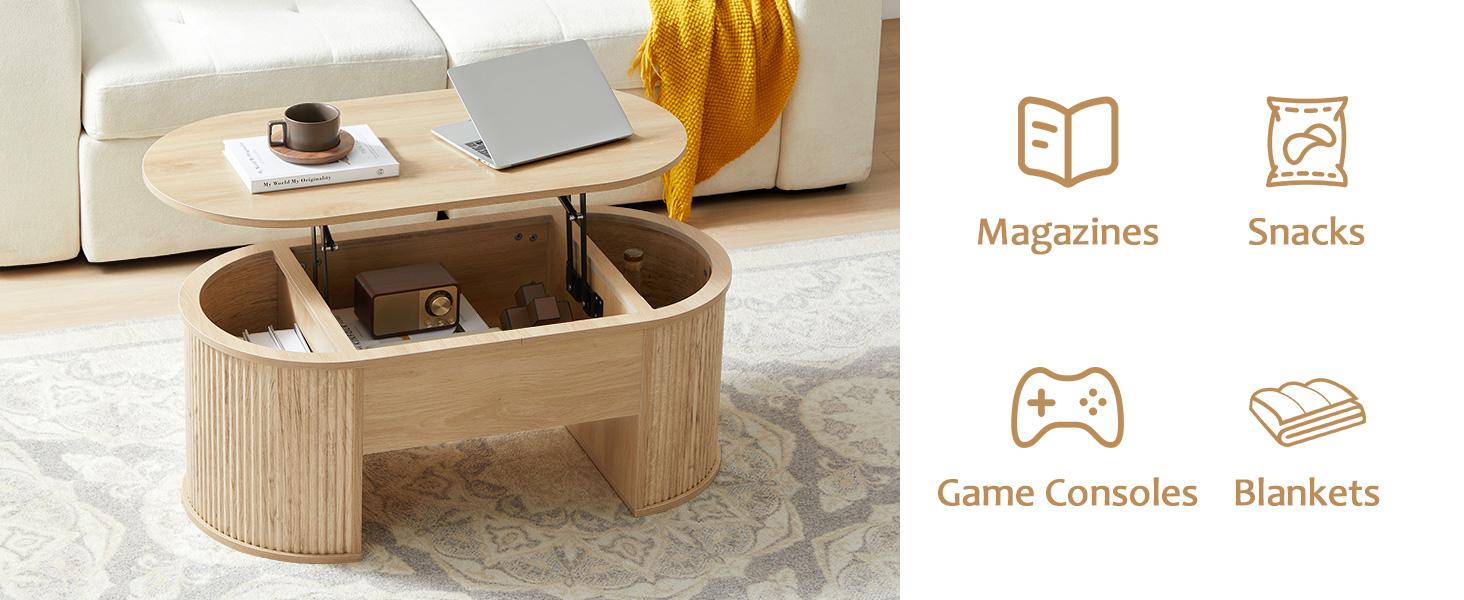 Giratree Fluted Coffee Table with Lifting Top, Oval Wood Lift Top Coffee Table with Hidden Compartment, Mid Century Pull up Center Tables for Living Room, Office