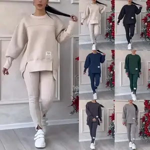 Women Two Piece Set Irregular Sweatshirt Long Sleeved Pullover Top Trouser Pants Set Autumn Winter Lady Solid Loose Outfits M L Clothes Fabric