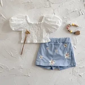 Summer baby clothing bubble sleeve loose top + flower embroidered blue culottes baby sweet suit