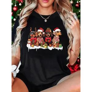 Women's Christmas Dachshund Dogs in Santa Hats T-Shirt - Black Holiday Pet Lover Top with Presents & Snowman Graphic, Crew Neck Casual Shirt for Christmas Parties, Gifts, Everyday Winter Outfits - Machine Washable, Festive Party A