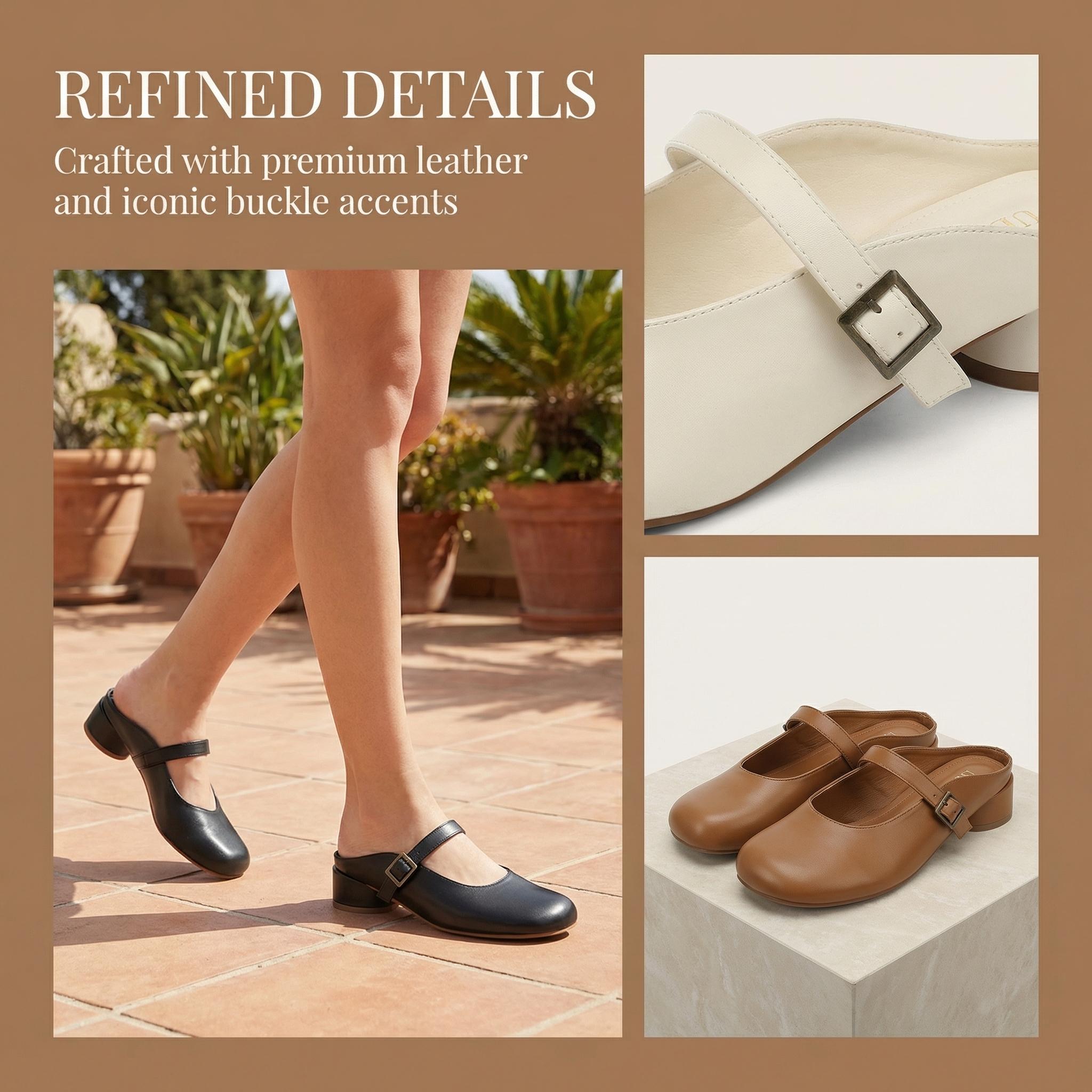 UBFEN Women's Mary Jane Mules Slip-On Chunky Low Heel Round Toe Comfort Dress Shoes