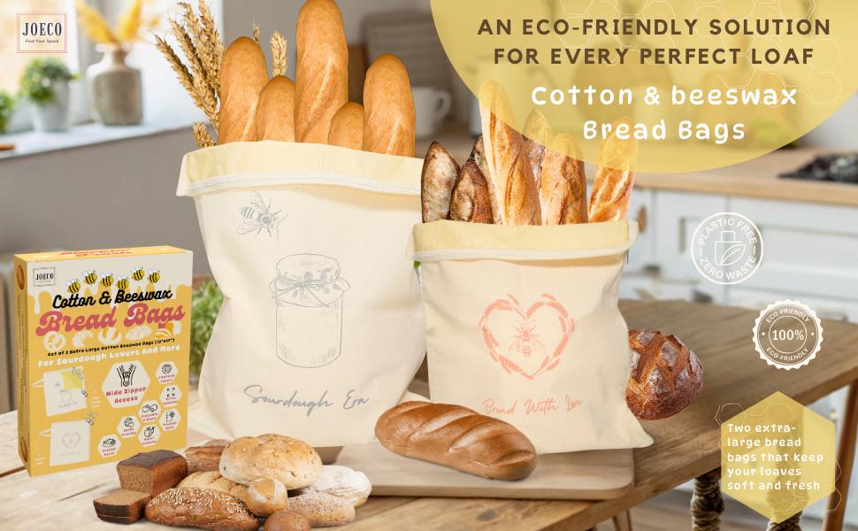 Wide Zipper Access Cotton & Beeswax Bread Bags for Sourdough (2 Pack) | Reusable Bread Bags for Homemade Bread | Cotton Beeswax Bags for Bread | XL Sourdough Storage | Beeswax Bags for Homemade Bread