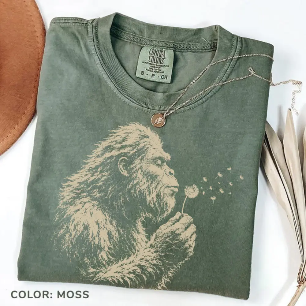 Comfort Colors Bigfoot Dandelion T-Shirt, Vintage Sasquatch Nature Tee, Woodland Cryptid Graphic T-Shirt, Outdoor Adventure Shirt, Bigfoot Lover Gift