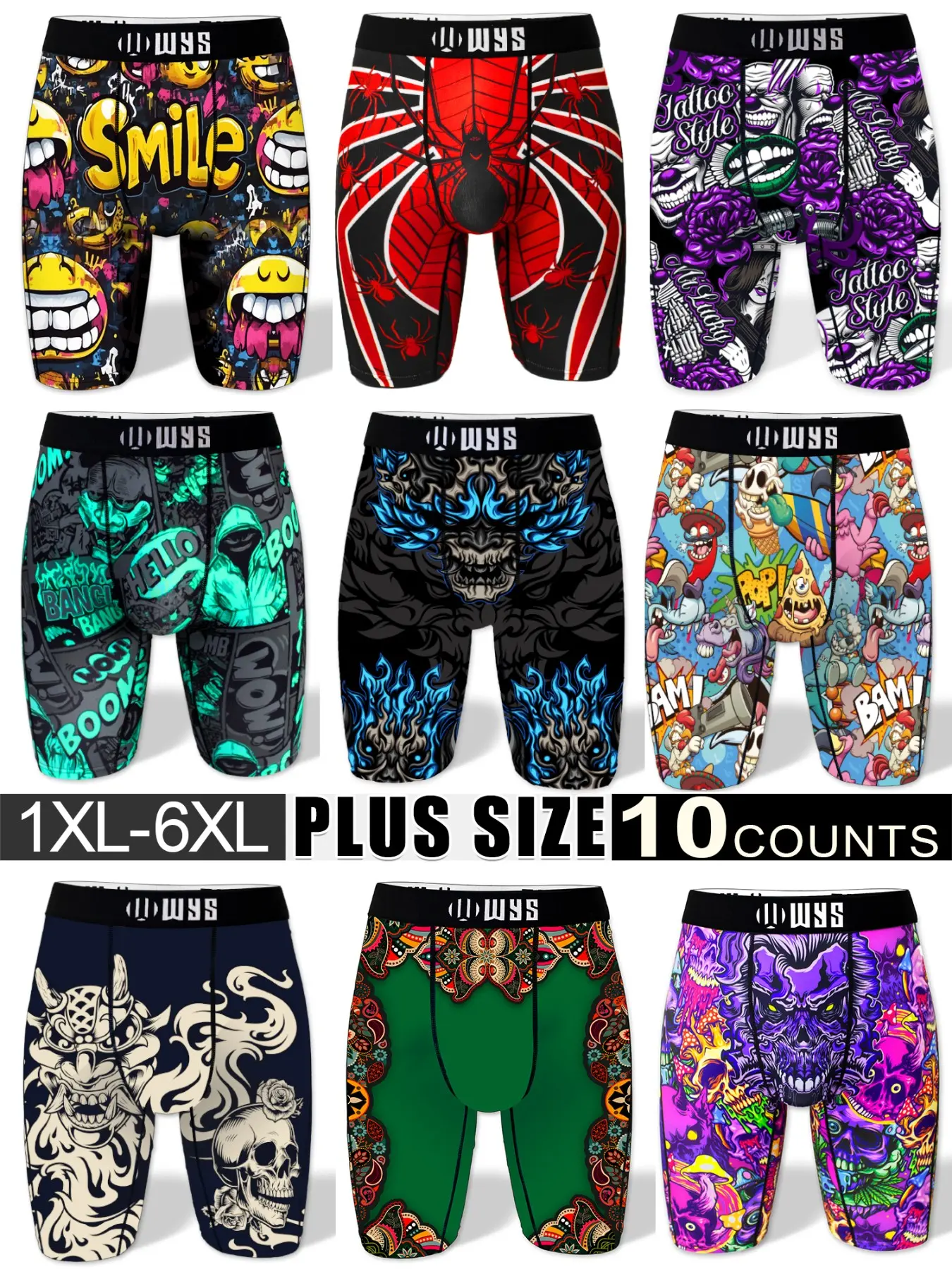 Random 10-Pack Plus Size Men's Comfortable Casual Festive Novelty Stretch Boxer Briefs, Breathable Sport Moisture-Wicking Halloween Print Quick-Dry Underwear