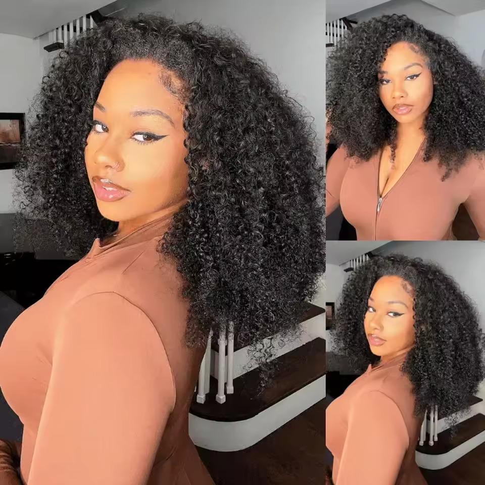 Half Wig Human Hair Burmese Curly Glueless Wig Human Hair Ready to Wear Kinky Curly 3 IN 1 Half Wig With Drawstring 180% Curly Half Wig