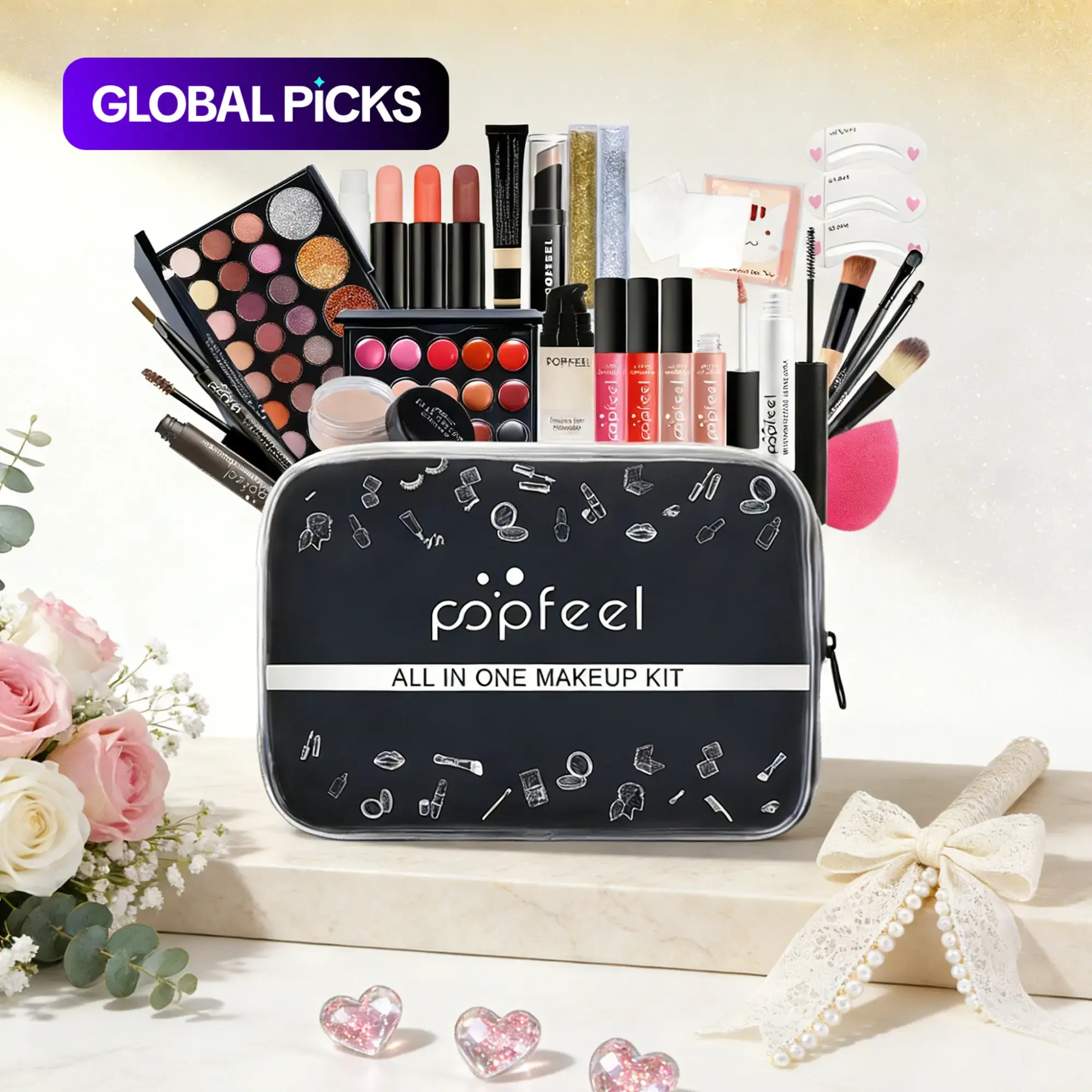 Popfeel Makeup Set, Daily Makeup Kit, Full Cosmetics Kit with Eyeshadow, Lip Gloss, Lipstick, Brow Dye, Mascara, Makeup Brushes, Concealer, and Bag, Gift Box #GLOBAL PICKS