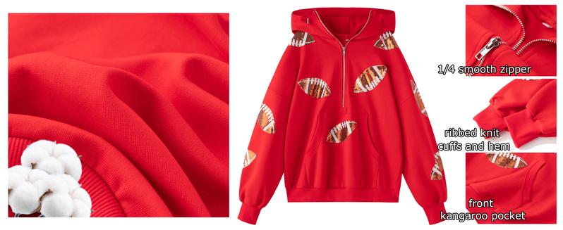 UANEO Women's Game Day Sequin Hoodie Football Pullover Casual Long Sleeve Zipper Sweater with Front Pocket Black Cotton Tops