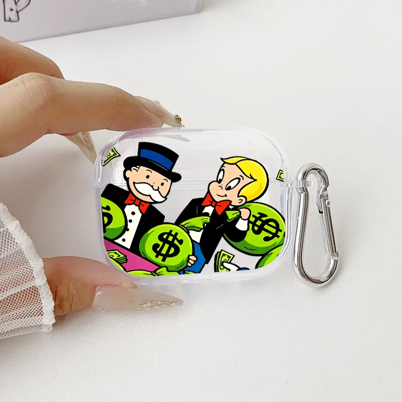 Money - laden Gentlemen Pattern TPU Soft Protective Case for Apple AirPods 4/3/2/1/Pro/Pro2 Transparent Earphone Cover with Keychain Attachment