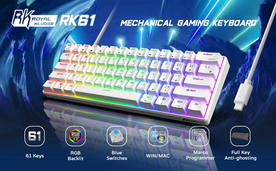RK61 Wired 60% Mechanical Gaming Keyboard RGB Backlit Ultra-Compact Hot-Swappable Blue Switch White
