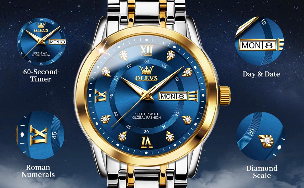 Olevs G5513 Men's Stainless Steel Wrist Watch with Day Date Analog Quartz Waterproof Luminous Modern Business Sport Gift