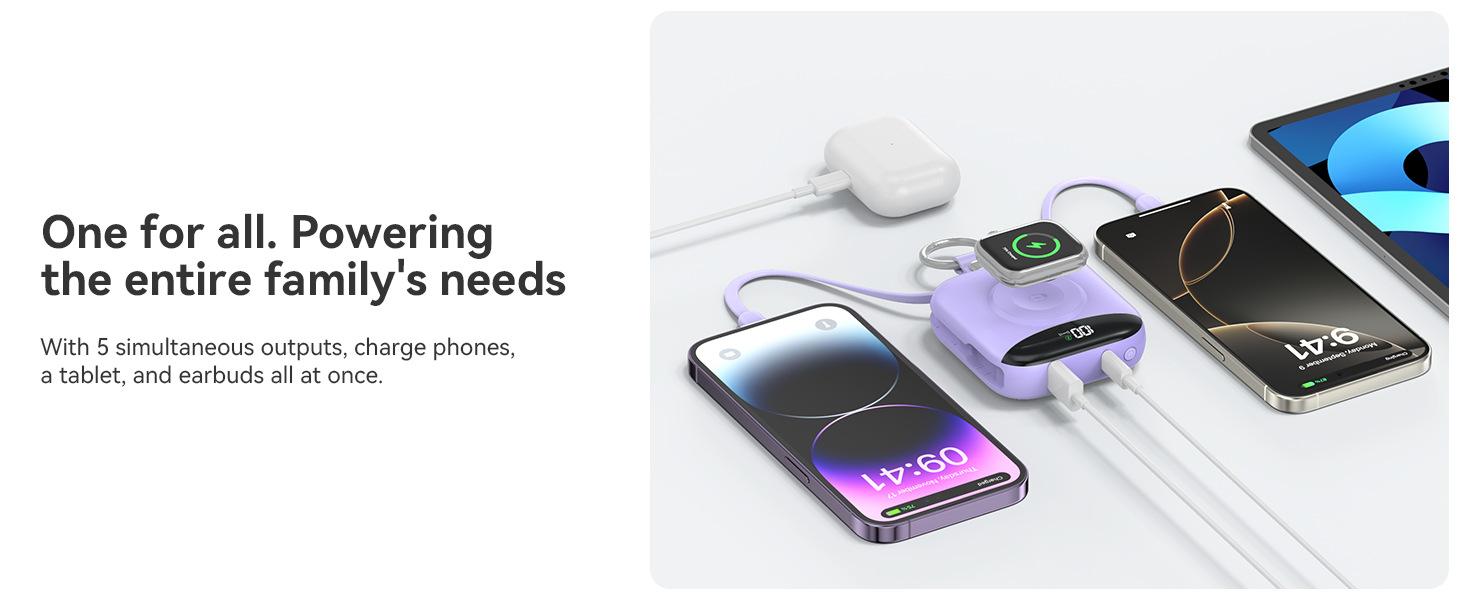 10000mAh Portable Charger Power Bank, 3-in-1 Wireless Battery Pack with Built-in USB-C & Lightning Cables, 22.5W Fast Charging, LED Display for iPhone, Apple Watch & Android Chargeable