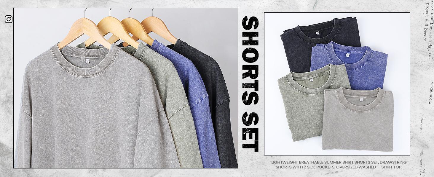 Gihuo Unisex Men Women Acid Wash Short Sleeve Tracksuit Summer T-shirt & Shorts Set Athletic 2 Piece Outfit Track Shorts Set with Elastic Waist & Drawstring