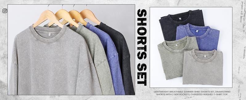 Gihuo Unisex Men Women Acid Wash Short Sleeve Tracksuit Summer T-shirt & Shorts Set Athletic 2 Piece Outfit Track Shorts Set with Elastic Waist & Drawstring