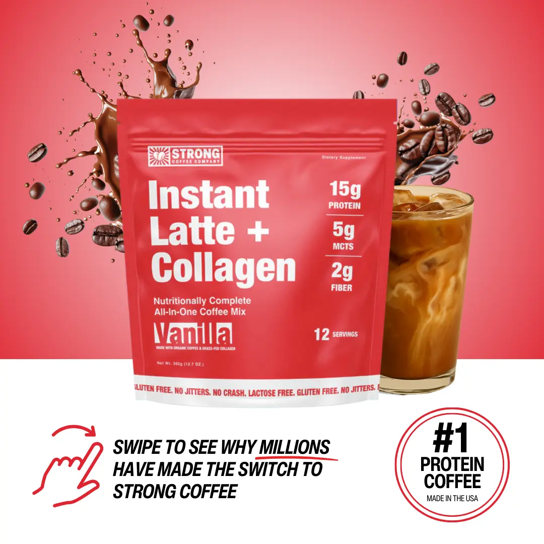 STRONG Coffee Company Vanilla Latte + Collagen – Instant Protein Coffee with 15g Grass-Fed Collagen, Creamy Coffee, Beverage