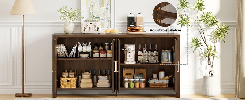 【Valentine's Day gift】ONBRILL 63" Buffet Cabinet with 4 Doors and Adjustable Shelves, Sideboard Buffet Cabinet with Storage, Wood Kitchen Console Table, Modern Coffee Bar for Kitchen, Living Room, Hallway