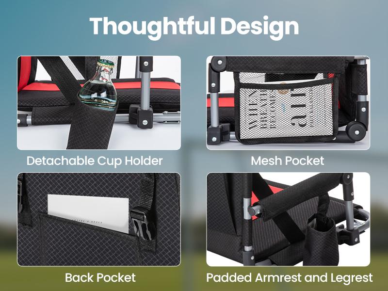 PHI VILLA Folding Stadium Seat Bleacher Chair with Cup Holder, Mesh Bag and Hide Hooks, Portable Stadium Chair with Back and Cushion Red