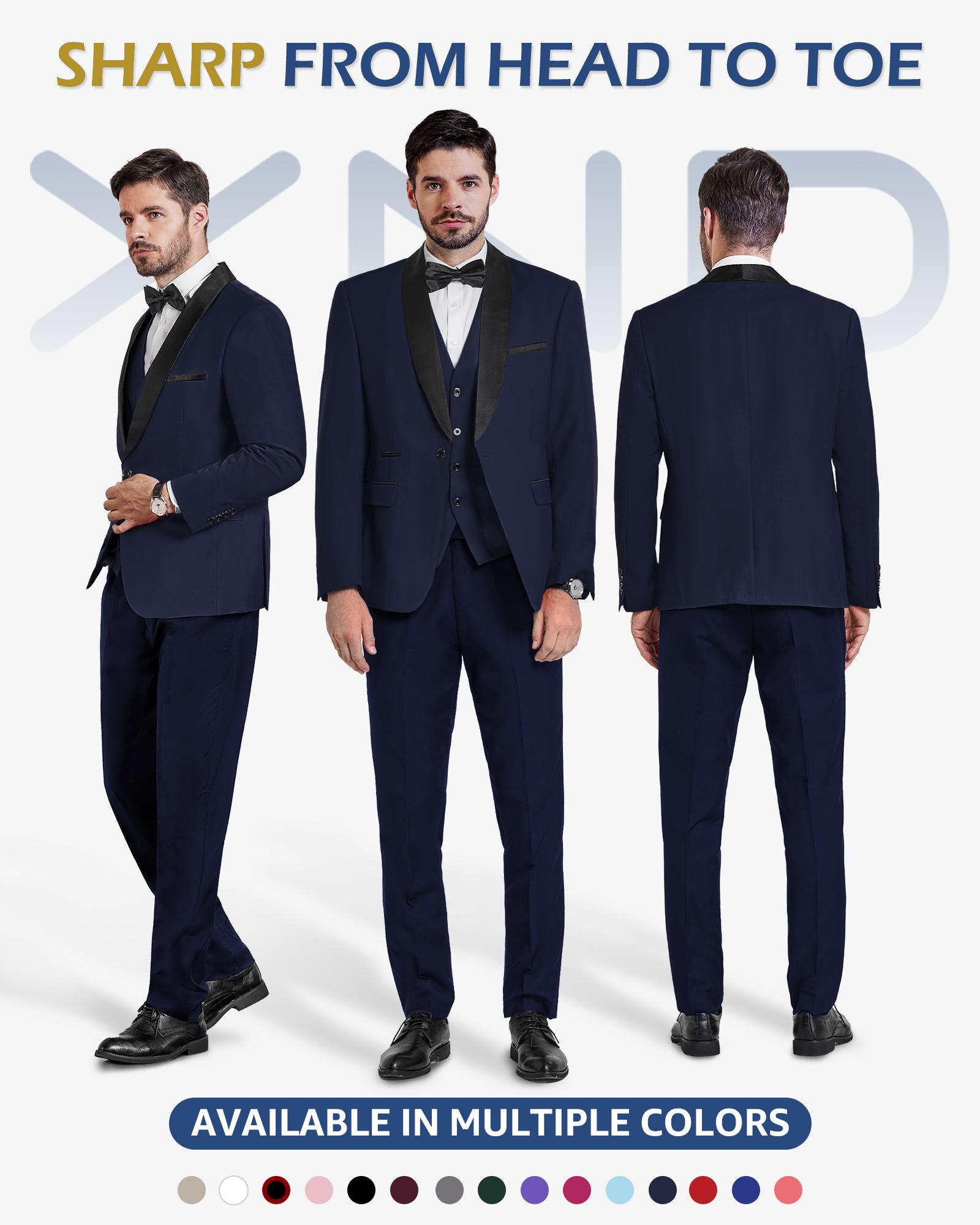 YND Men's 3-Piece Slim Fit Tuxedo Set, One-Button Shawl Collar Solid Jacket Vest Pants with Bow Tie，suitable for formal occasions, business events. party & casual events, wedding tuxedos, party performances, and men's three-piece party suits