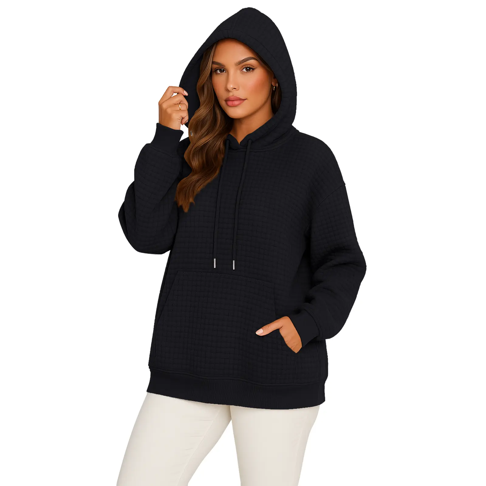 Women's Waffle-Weave Hooded Sweatshirt Trendy Long-Sleeve Kangaroo Pocket Pullover Street-Style Fall/Winter Outerwear Multi-Color Drawstring Detail Womenswear Tops