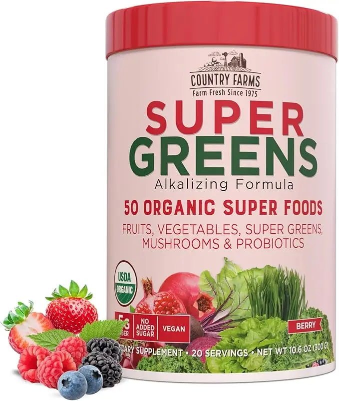Super Greens Berry Flavor, 50 Organic Super Foods, USDA Organic Drink Mix, Fruits, Vegetables, Super Greens, Mushrooms & Probiotics, Supports Energy, 20 Servings, 10.6 Oz
