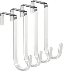 Over the Door Hooks 4Pcs L=5.5" Fit 1 3/8" Door Steel with White Rubber Coating Hanging Towel Robe Clothing Hanger for Bathroom Room Wreath Ironing Board Holder Cute Thin Single Heavy Duty